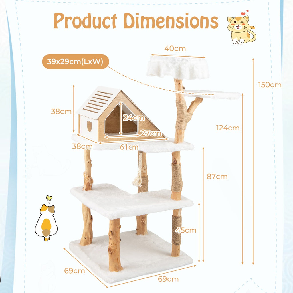 149 cm Tall Solid Wood Cat Tree with 2 Perches Condo and Jute Scratching Posts-White