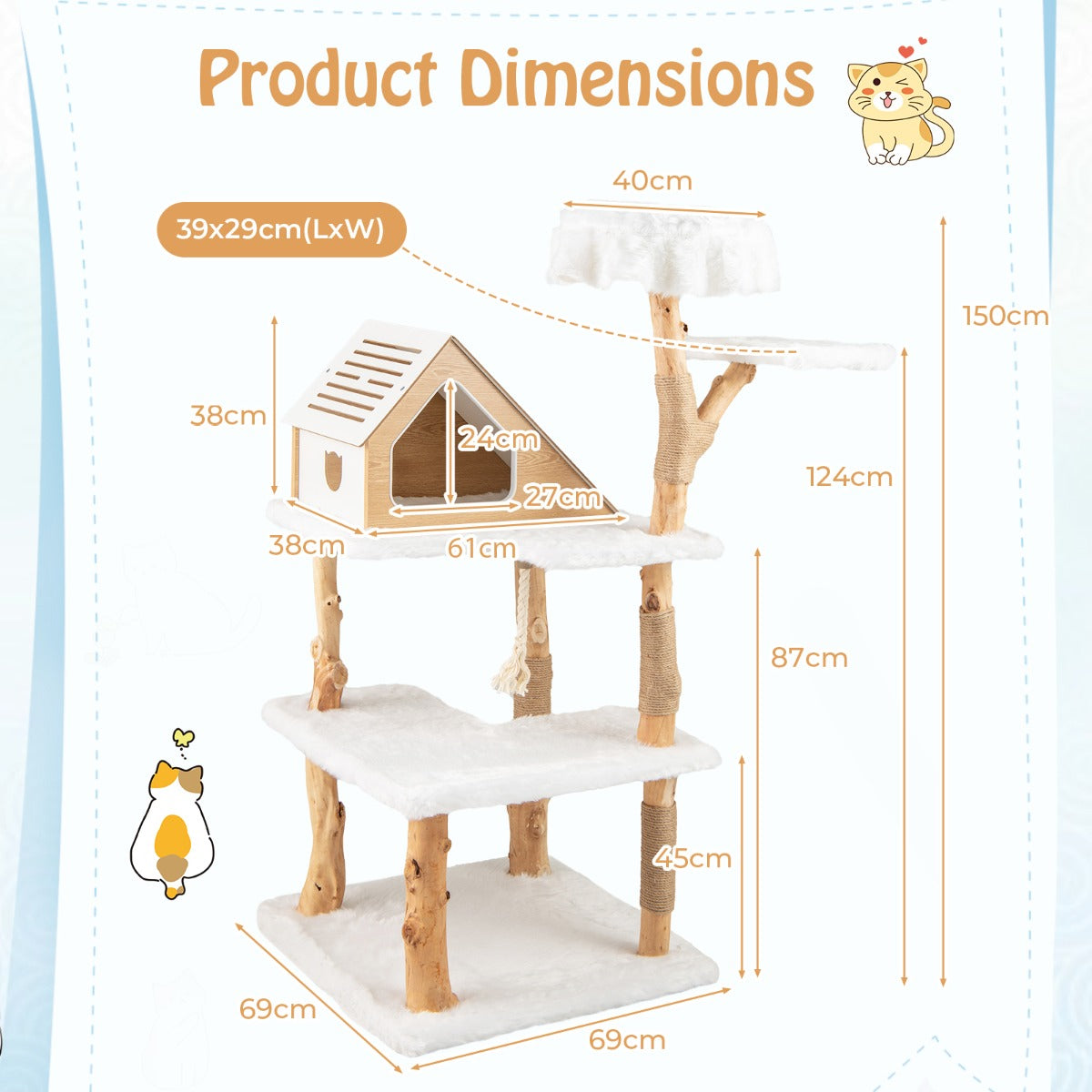 149 cm Tall Solid Wood Cat Tree with 2 Perches Condo and Jute Scratching Posts-White