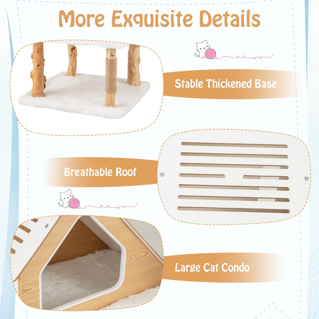 149 cm Tall Solid Wood Cat Tree with 2 Perches Condo and Jute Scratching Posts-White
