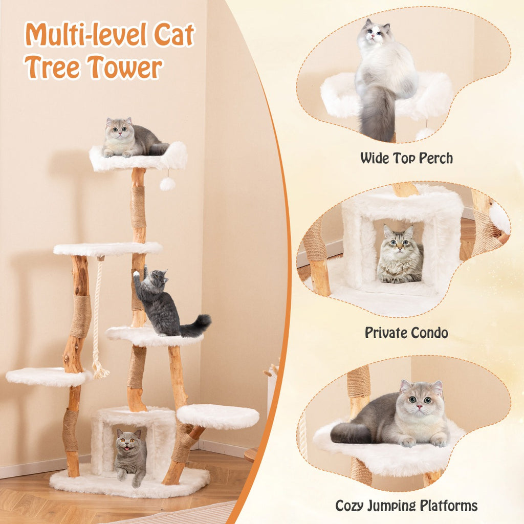 168 cm Tall Solid Wood Cat Tree with Perch Condo and Jute Scratching Posts-White