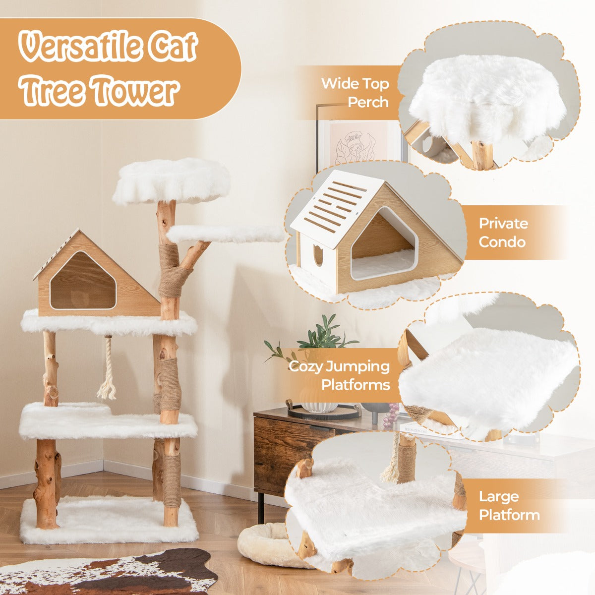 149 cm Tall Solid Wood Cat Tree with 2 Perches Condo and Jute Scratching Posts-White