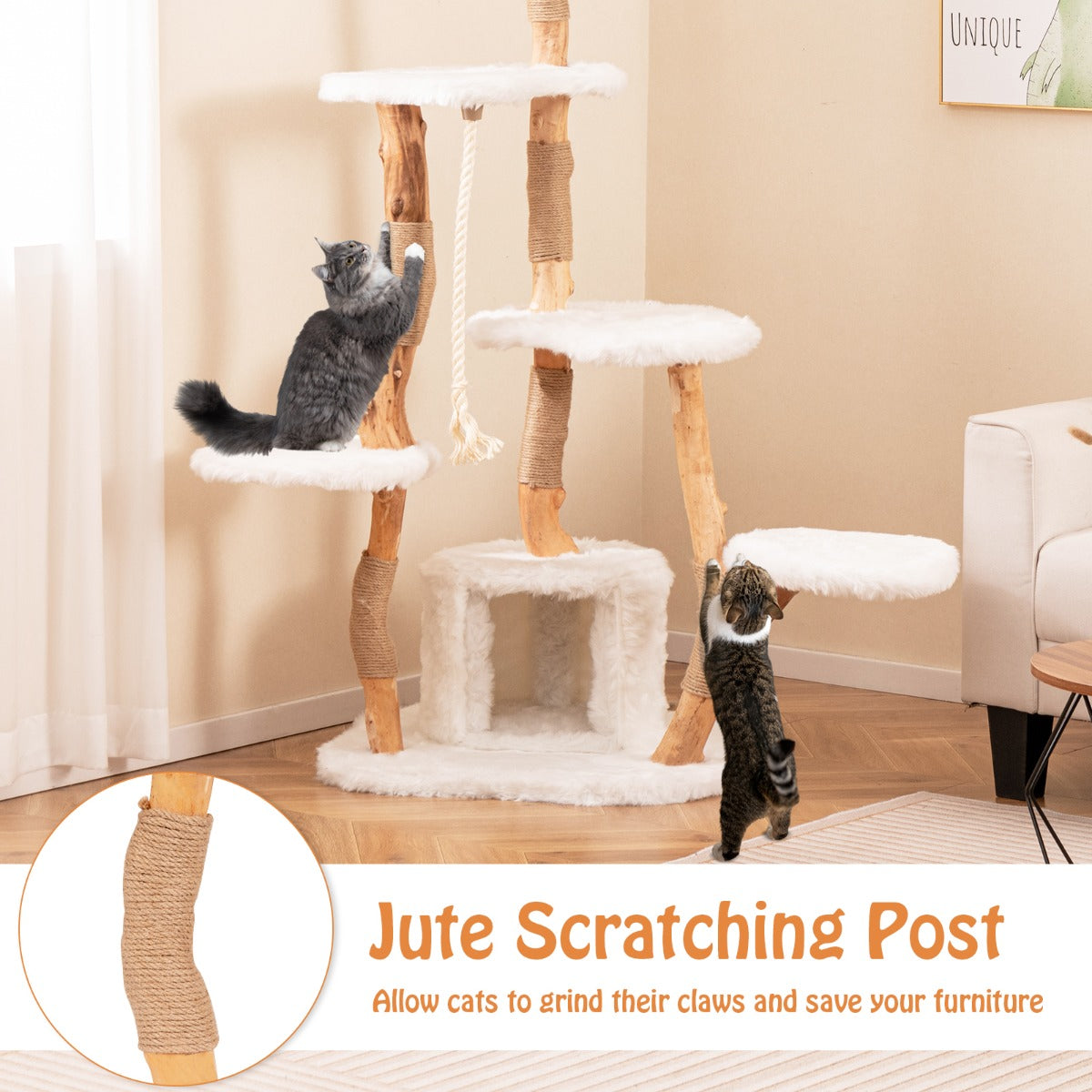 168 cm Tall Solid Wood Cat Tree with Perch Condo and Jute Scratching Posts-White