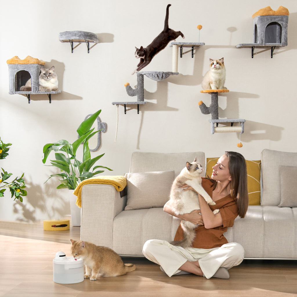 Wall-Mounted Cat Tower Set with 2-Tier Platform and 2 Comfy Cat Condos