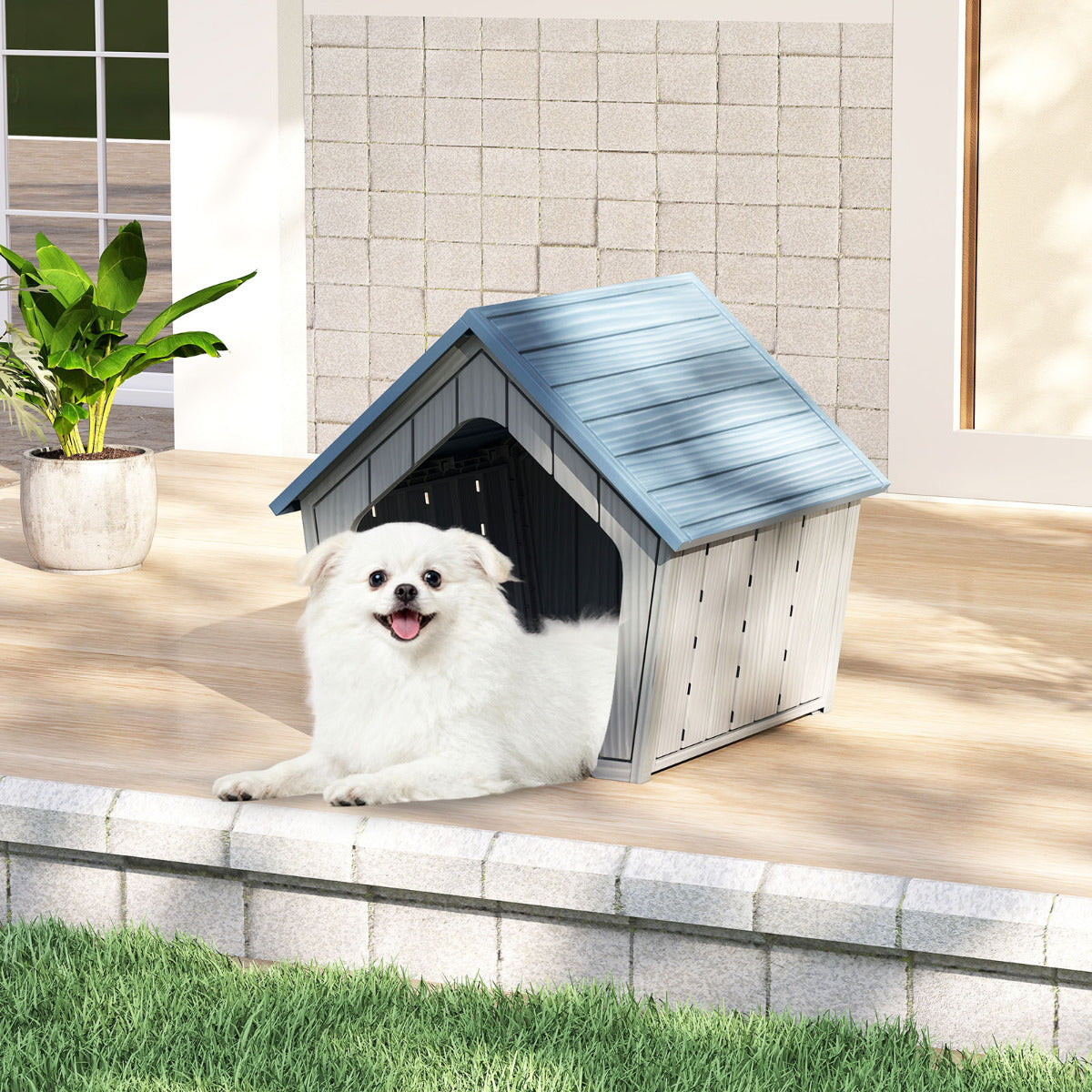 Weatherproof Plastic Cat House with Air Vents-Blue