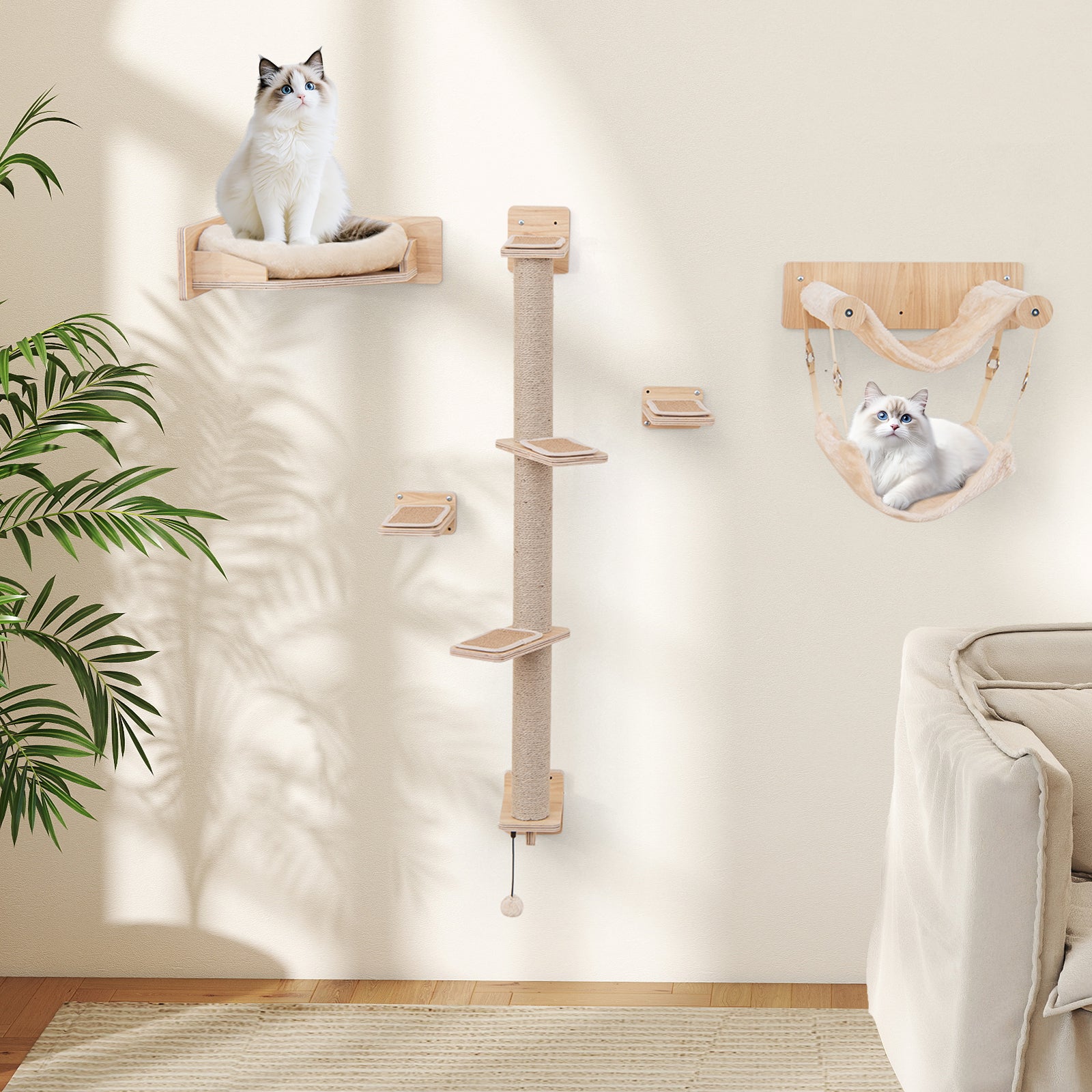 5-piece wooden Cat wall shelves with jute scratching posts and hanging ball-Natural