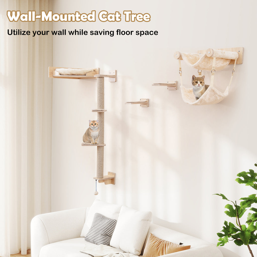 5-piece wooden Cat wall shelves with jute scratching posts and hanging ball-Natural