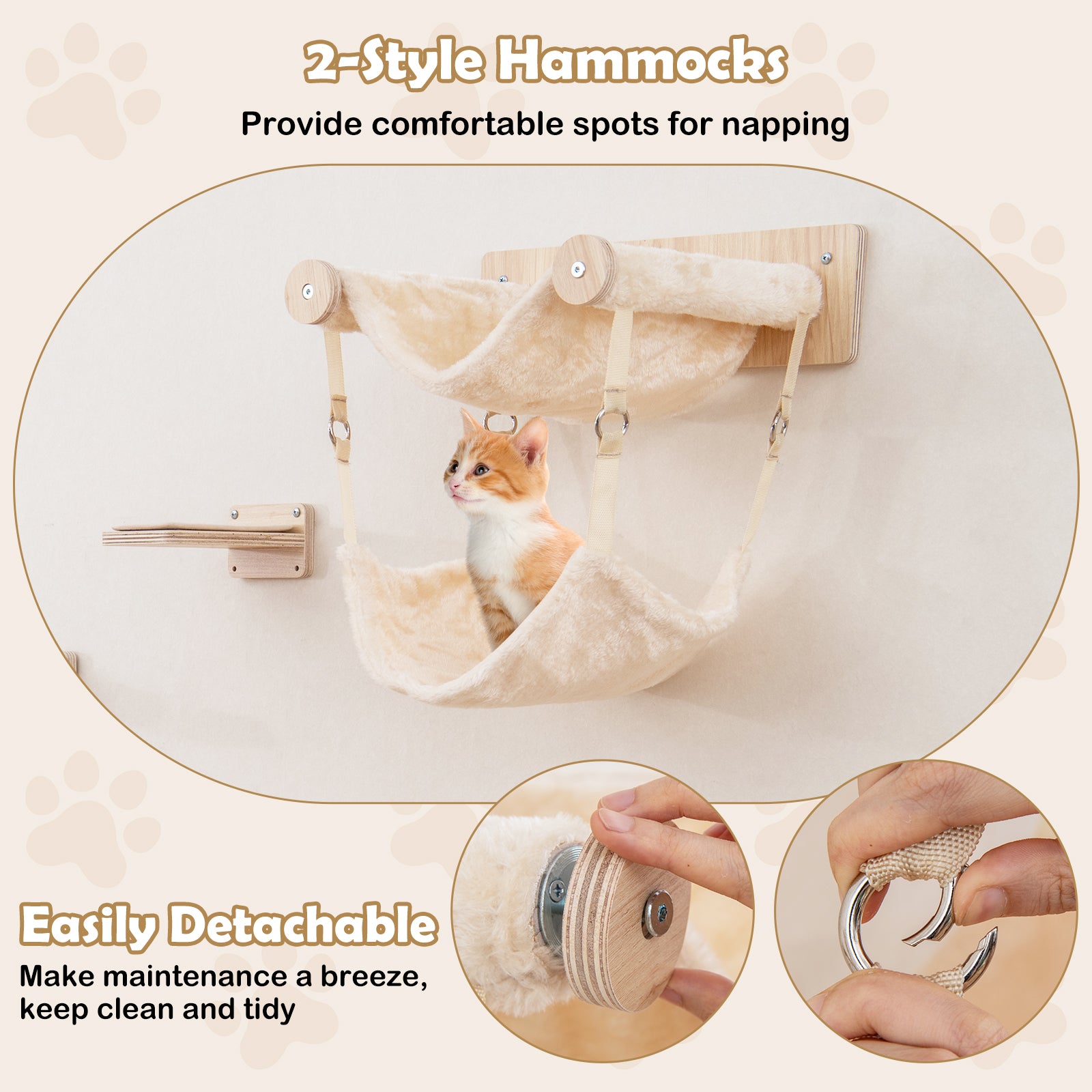 5-piece wooden Cat wall shelves with jute scratching posts and hanging ball-Natural