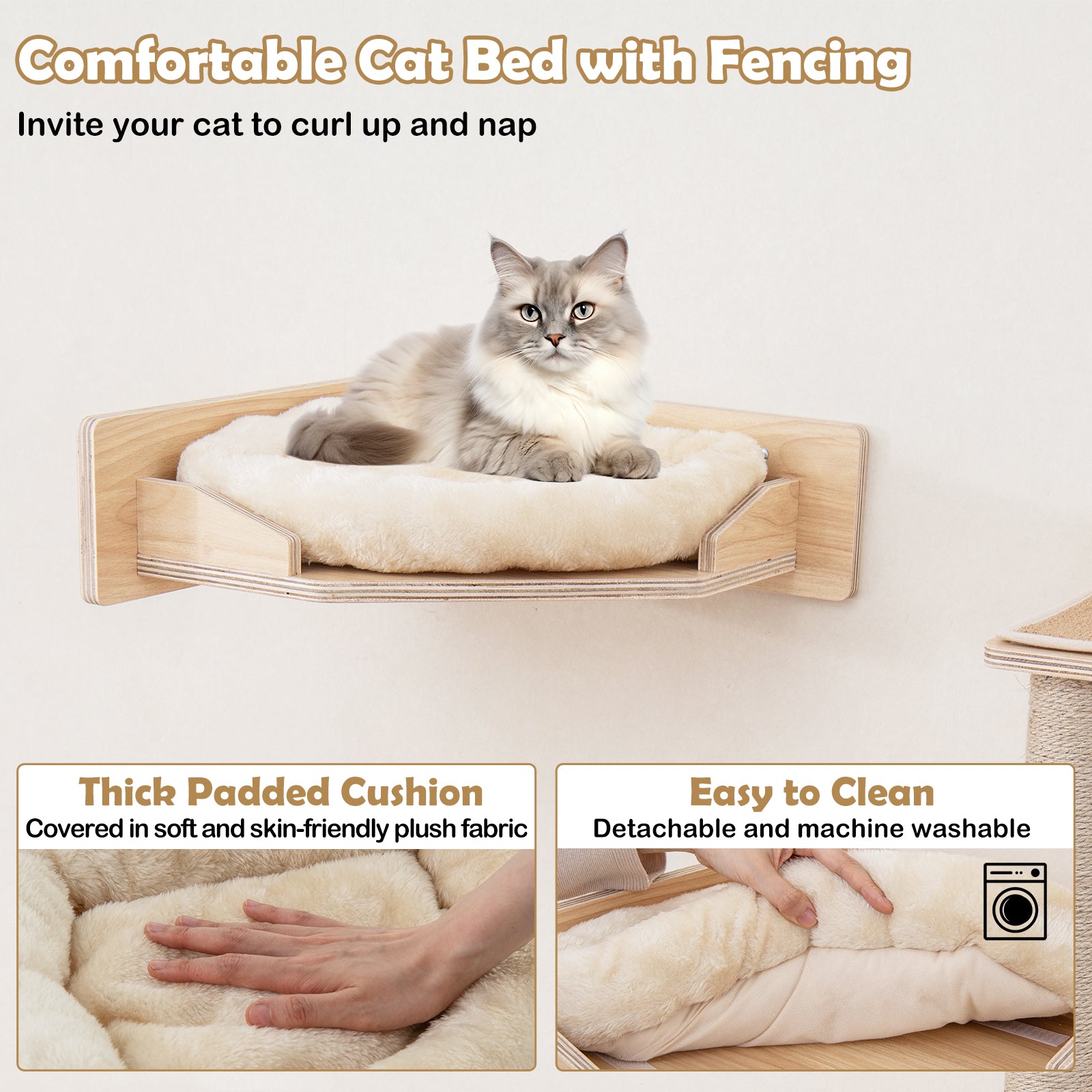 5-piece wooden Cat wall shelves with jute scratching posts and hanging ball-Natural