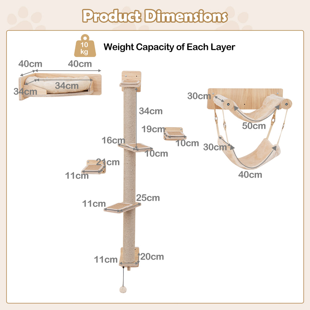 5-piece wooden Cat wall shelves with jute scratching posts and hanging ball-Natural